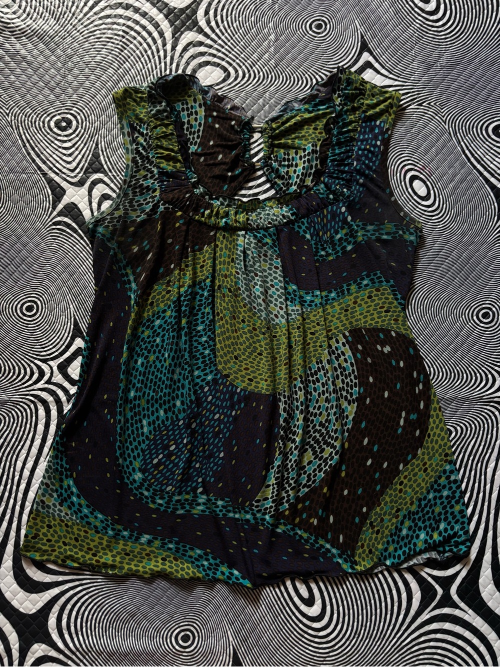 Cocomo Black, Teal & Olive Patterned Ruffle-Neck Tank